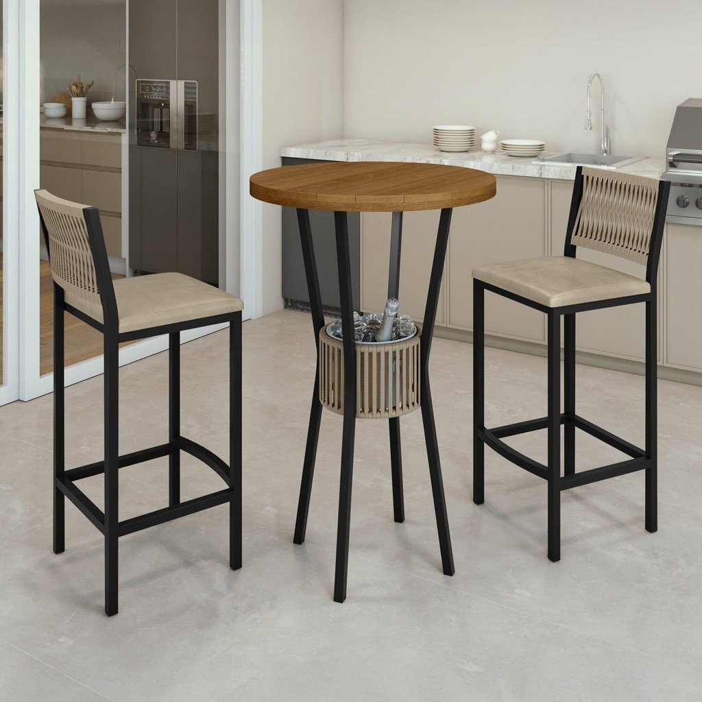 Conjunto Mesa Bistrô Bar Tampo Madeira Maciça Ripado 70cm com 2 Banquetas Barcelona Marrom/Rami/Pérola/Preto