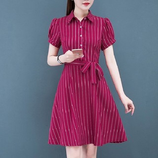 Vestido listrado vermelho feminino 2026 manga curta verão novo estilo versão coreana comprimento médio cintura estreita 