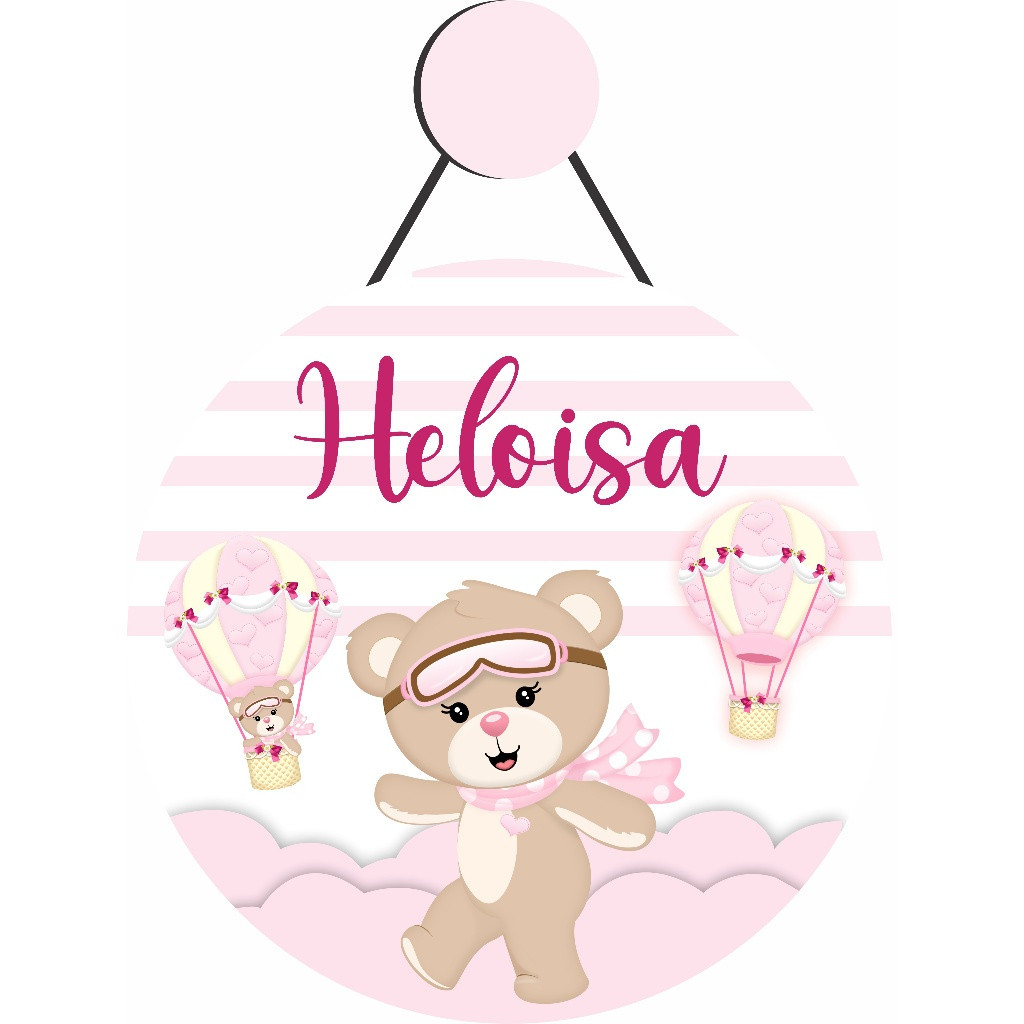 Enfeite Porta Maternidade Ursinha Baloeira Corações, Ursa Balão - Nome Personalizado Bebê - Decoração para quarto