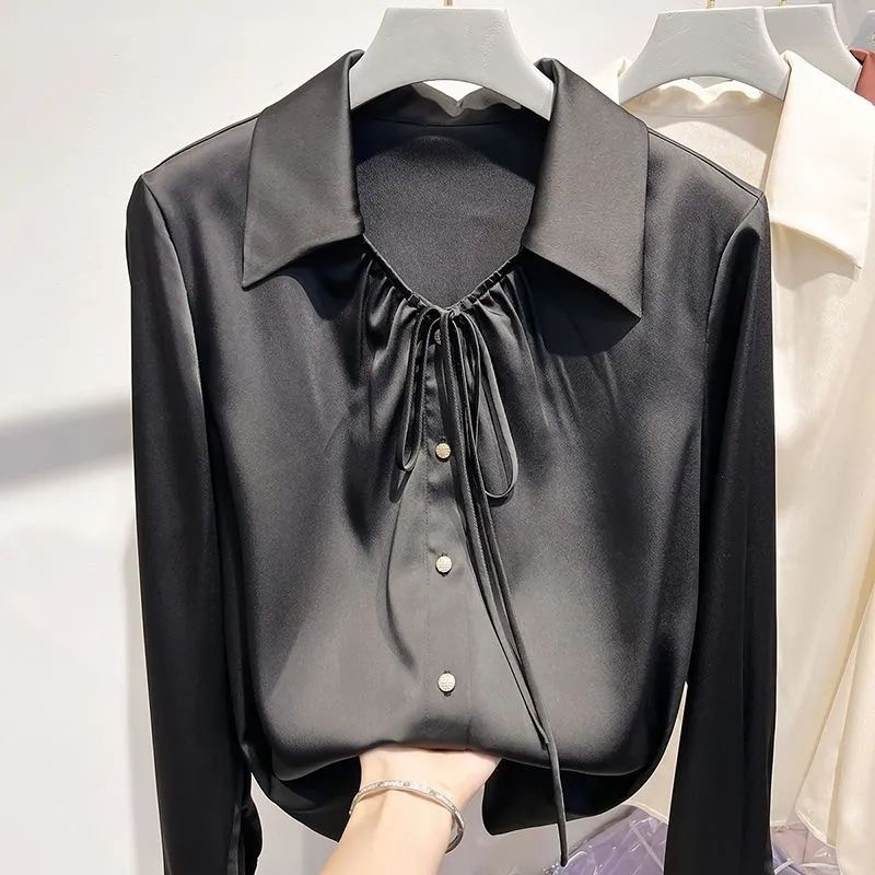 3 2026 Primavera Novo Estilo Versão Coreana All-Match Camisa de Cetim de Manga Comprida Blusa Primavera