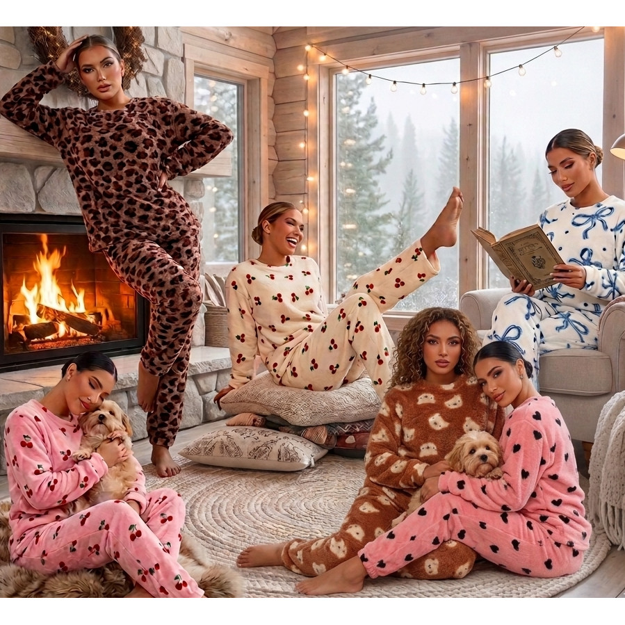 Conjunto Feminino Pijama Peluciado Estampado Inverno Onça Coração Cereja Confortável Para Dormir