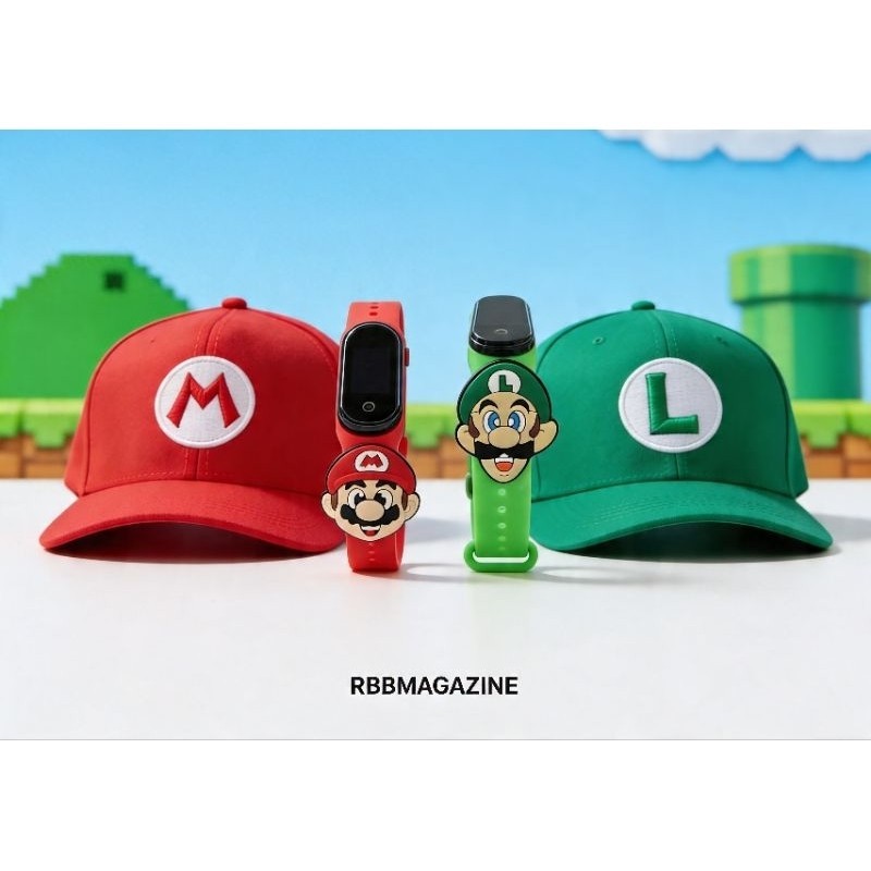 Boné Super Mario e Luigi Infantil + Relógio digital à prova dágua