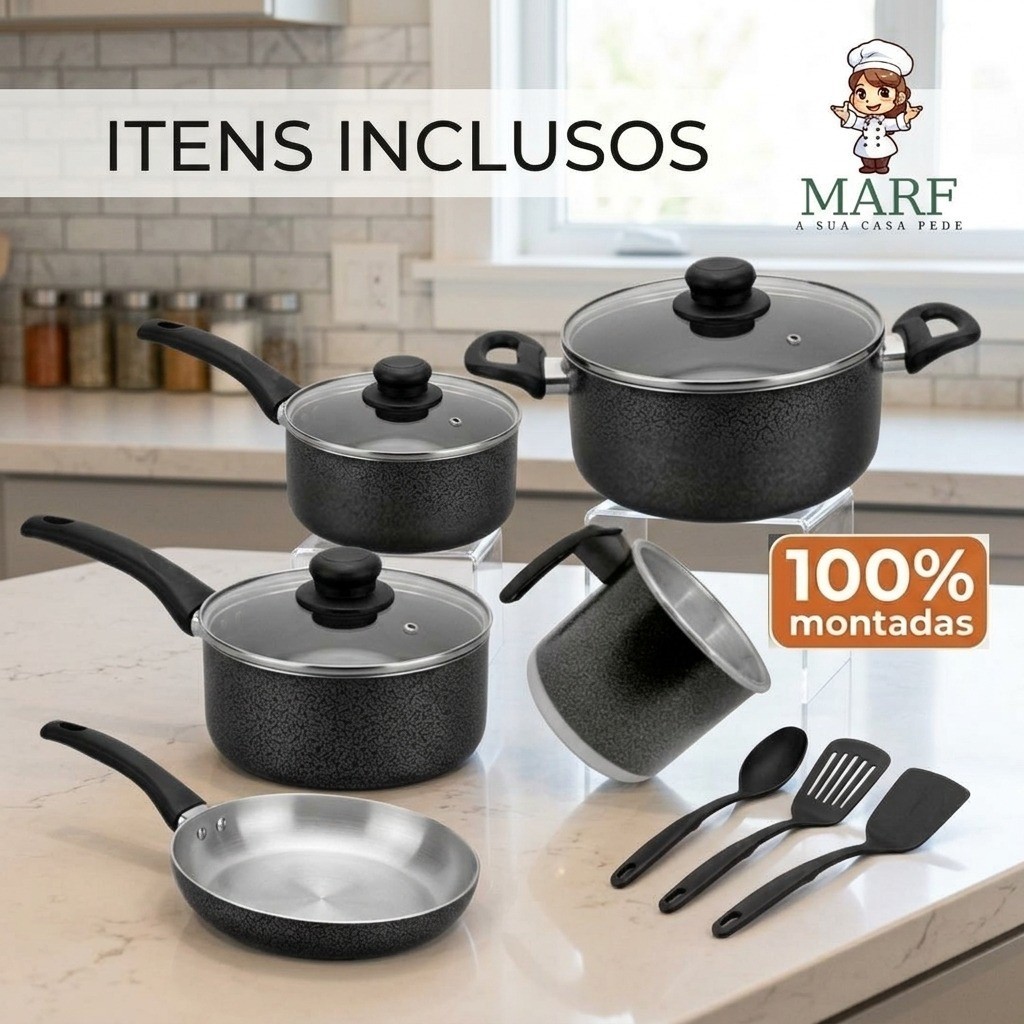 Conjunto Panelas de Alumínio Kit 5 Peças com Espátulas – Panela 18, Panela 16, Frigideira 18, Caçarola 18 + Leiteira 12