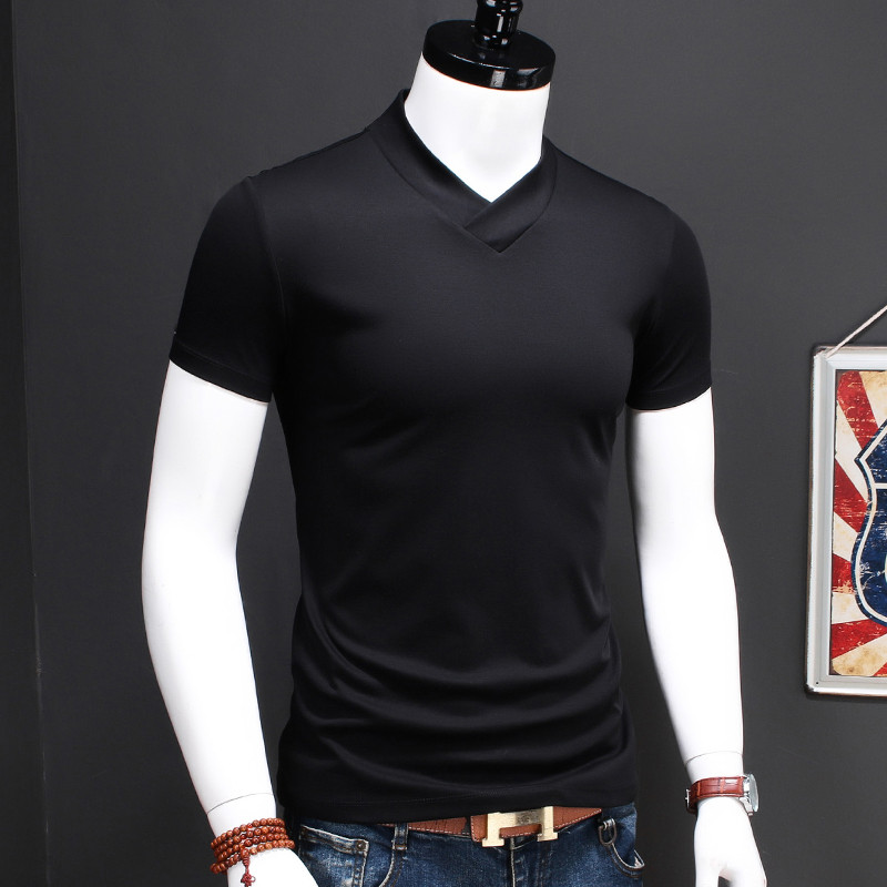 Verão duplo mercerizado algodão com decote em v manga curta camiseta magro-ajuste camisa de fundo masculino único cruz c