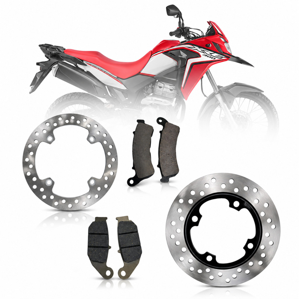 KIT DISCO FREIO DIANTEIRO E TRASEIRO + PASTILHAS XRE 300 2009 Á 2023 COM ABS