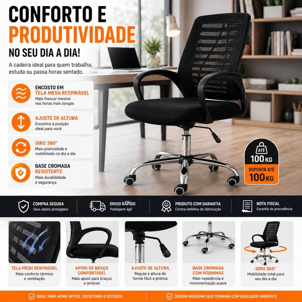Cadeira Escritório Ergonômica Mesh Confortável Giratória Base Cromada Home Office e escritório
