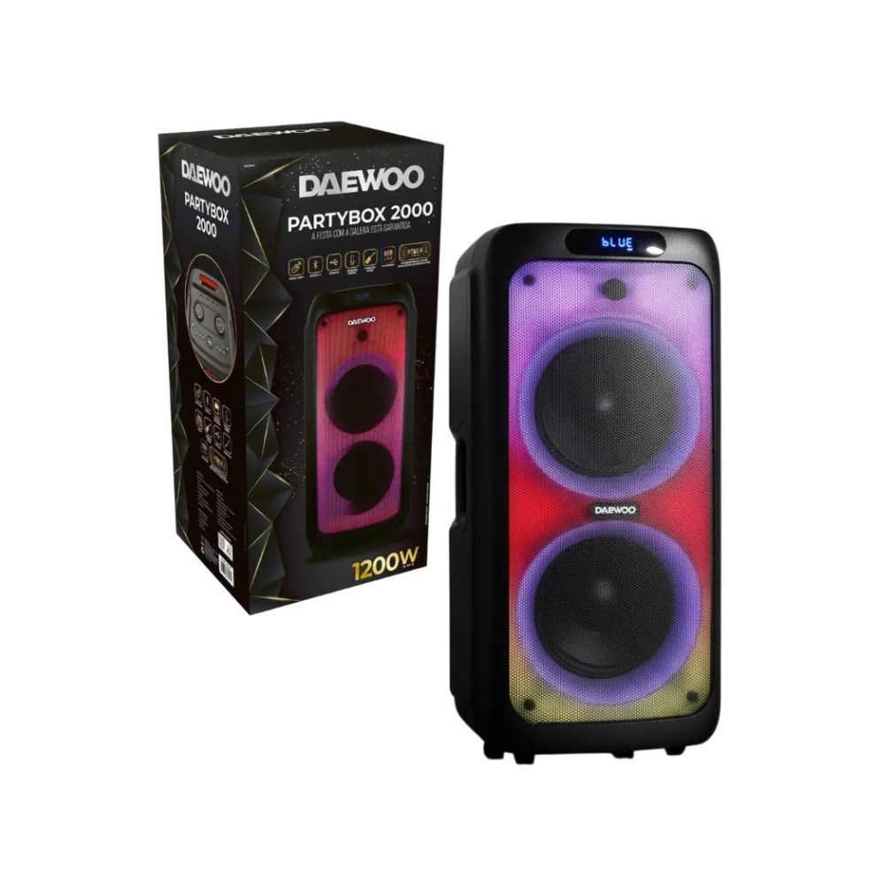Caixa Amplificada de Som Portátil 1.200w Rms Bluetooth TWS Led Bivolt Rádio FM Daewoo Partybox 2000