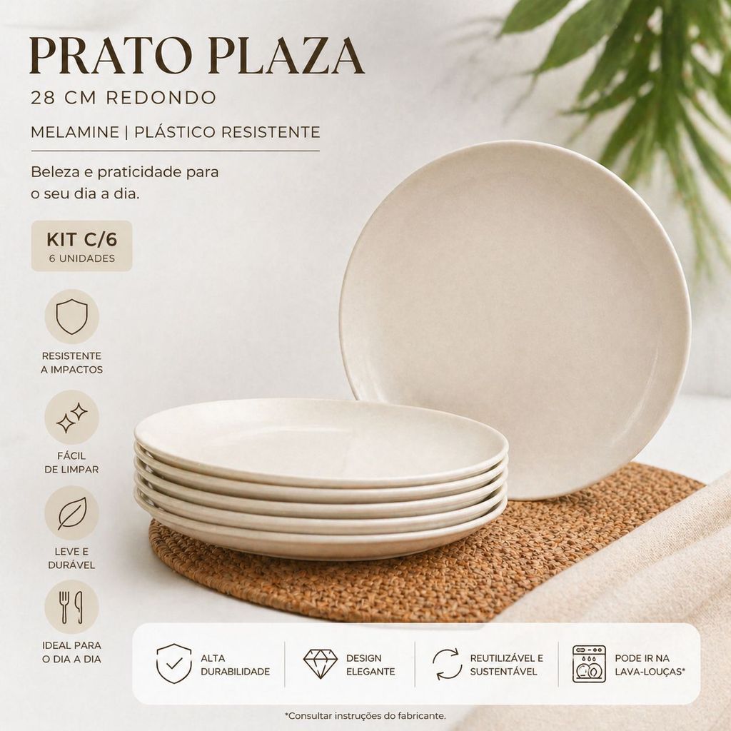Kit c/6 unid Prato Jantar Plaza 28cm Redondo Melamine Plástico Resistente Tuut