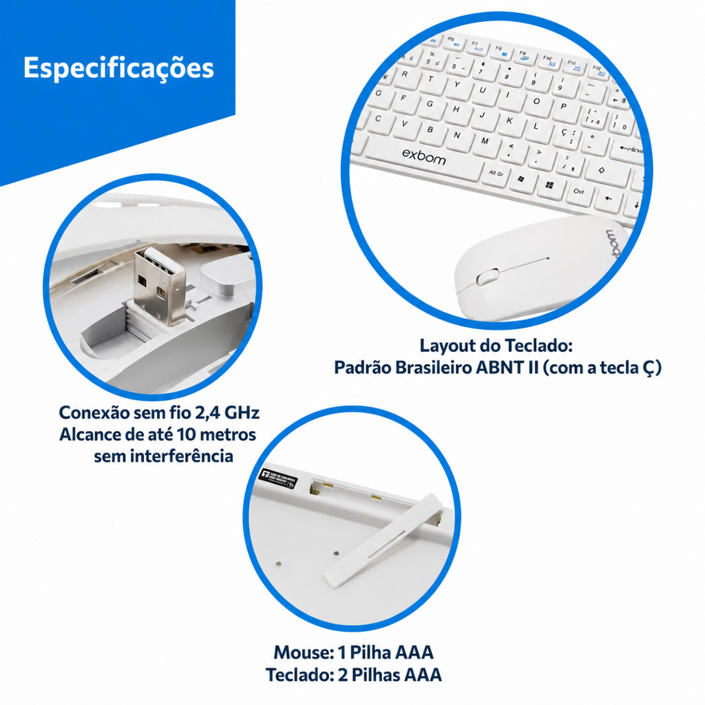 Kit Teclado Sem Fio Branco ABNT2 Mouse Ergonômico USB PC Notebook Home Office PLUG AND PLAY Kit Completo Exbom · foto 2