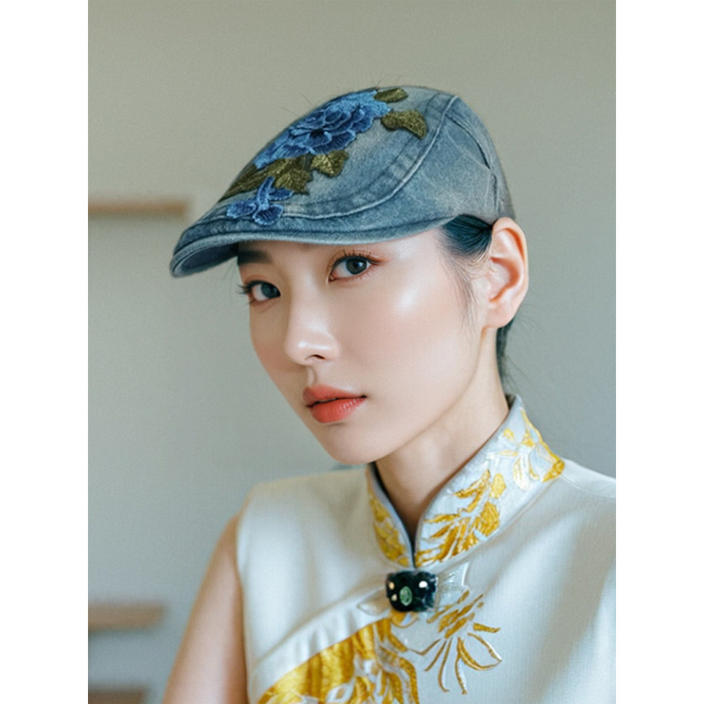 Cowboy frente chapéu feminino verão boné de pico estilo étnico chapéu 2025 novo estilo Retro All-Match flor elegante nac