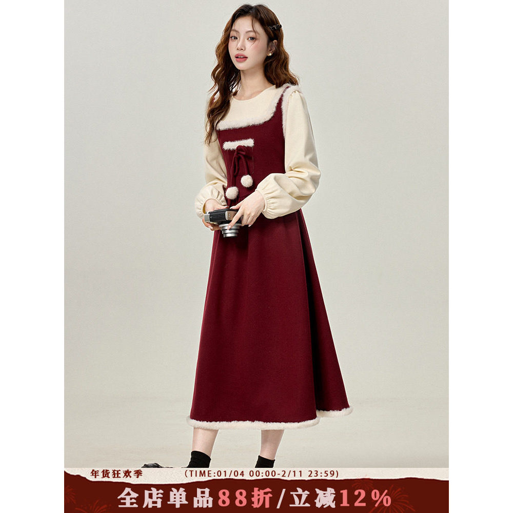 Miaomo [festa de inverno] Inverno vermelho natal usar vestido falso de duas peças de cintura estreita roupa Benming de a