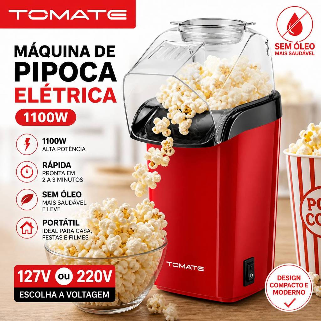 Máquina de Pipoca Elétrica 1100W 127V 220V Pipoqueira Sem Óleo Portátil Rápida Doméstica Milho Pipoca