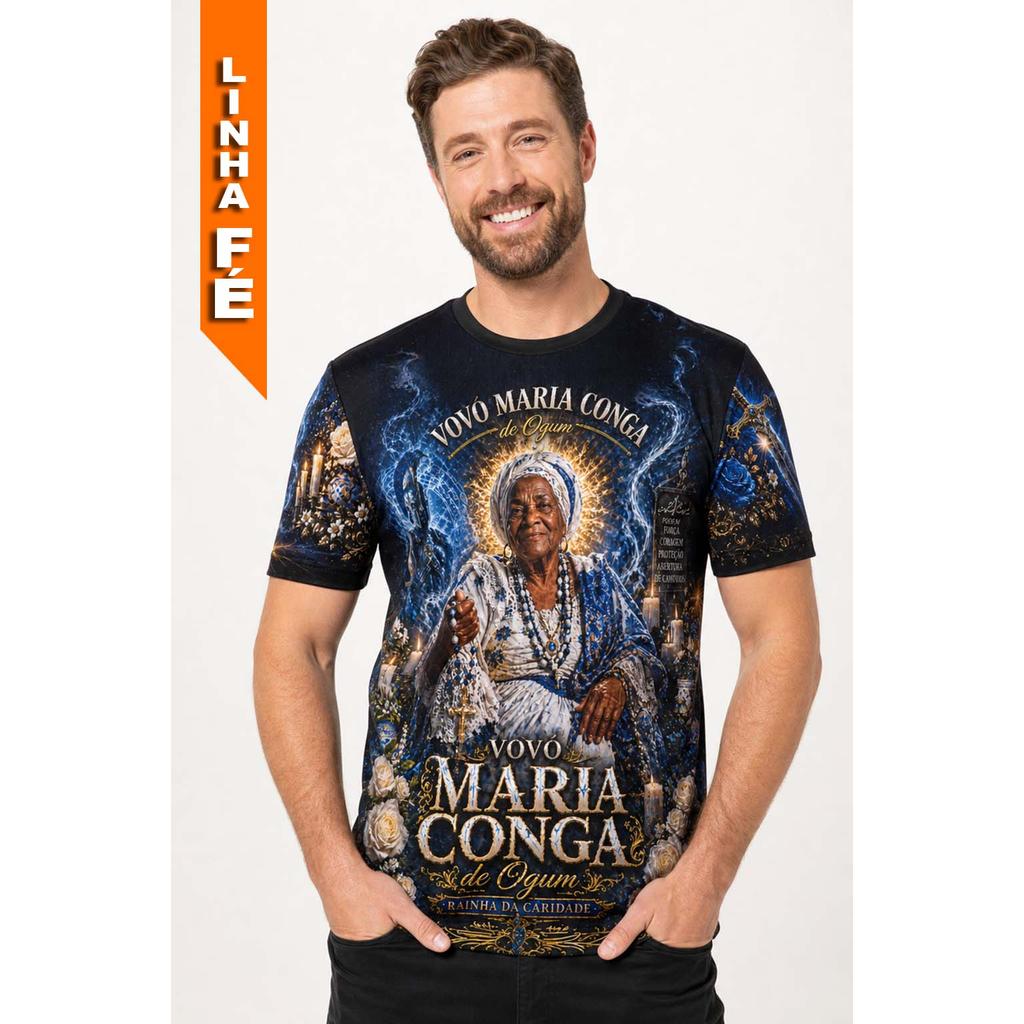 Camisa Umbanda Vovó Maria Conga Ogum Camiseta Candomblé Linha Preto Fé Axé