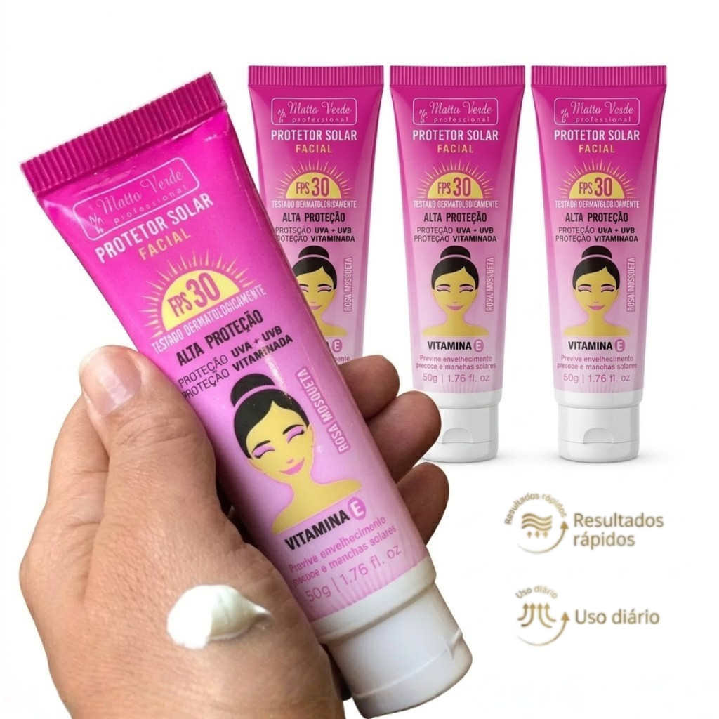 Kit Protetor Solar Rosto Super hidratante Fps 30 Rosa Mosqueta Matto Verde 50g Vitamina E 2/3/4UN
