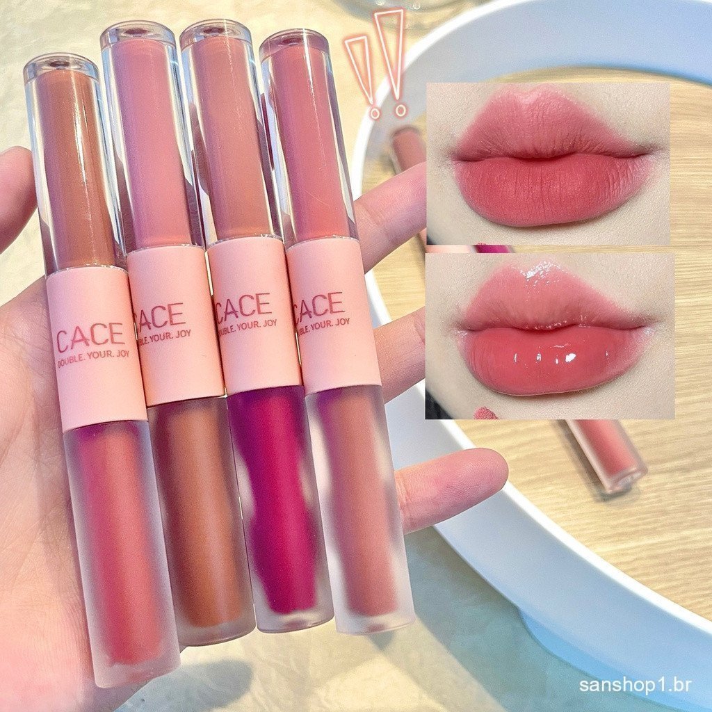Conjunto 2 em 1 Brilho Labial Batom Matte de Dupla Face Brilhante à Prova d'Água Maquiagem Labial de Veludo