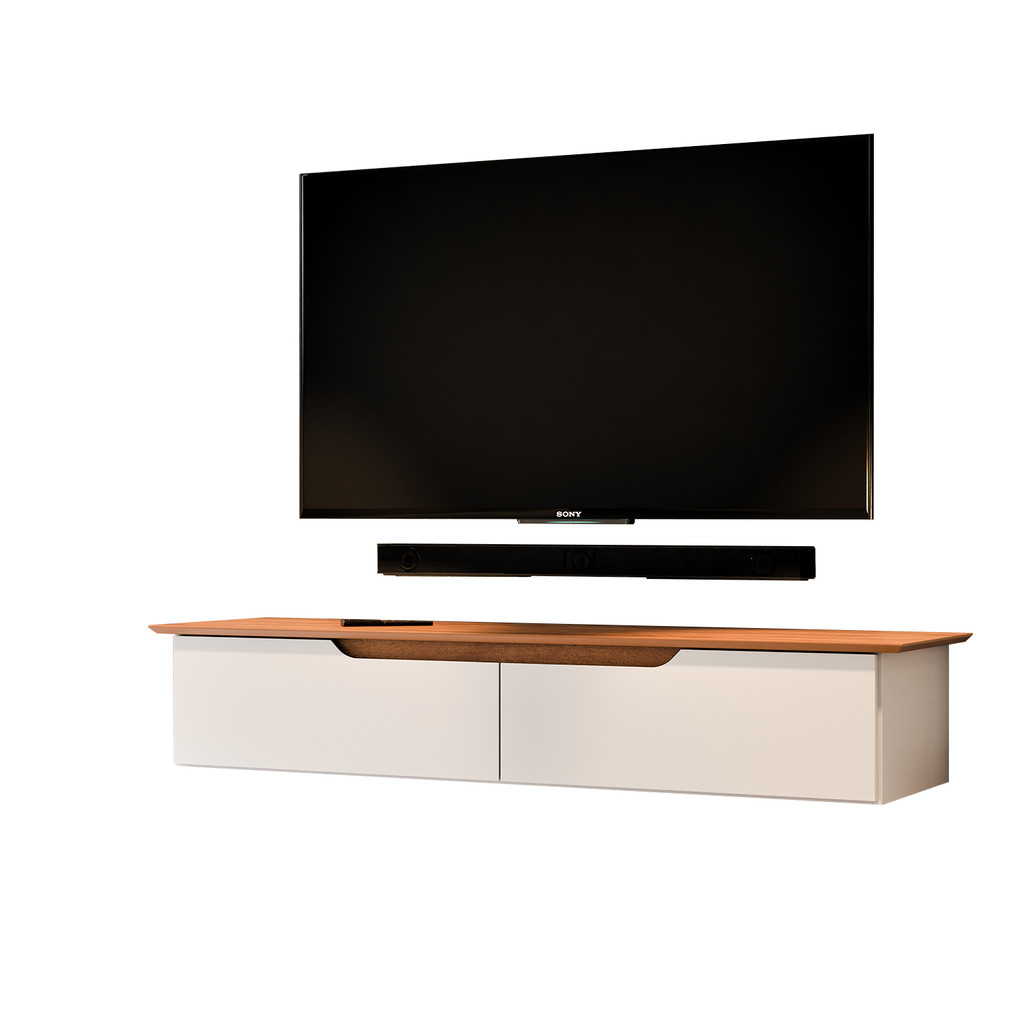 Rack Suspenso de Parede Eros Para Sala TV 60 Polegadas 2 Portas Basculantes Off White com Freijo