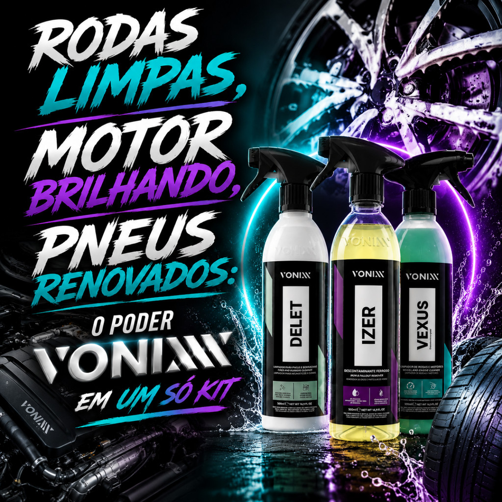 Kit limpeza de Roda Vonixx Izer Descontaminante Vexus Limpa Rodas e Motores Delet Limpador de Pneus e Borrachas