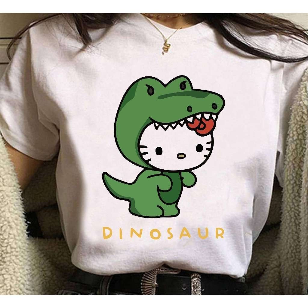 Camiseta Algodão 100% Hello Kitty Dinosaur dinossauro camisa confortável Envio Imediato