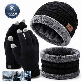 Kit Inverno Touca Forrada + Luva Touch Screen + Cachecol Gola Quente Unissex Frio Masculino Feminino
