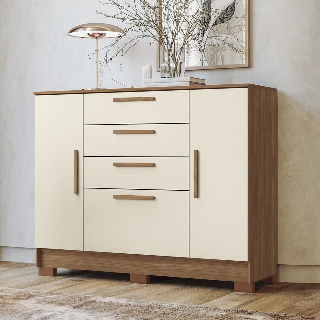 Cômoda para Quarto 4 Gavetas e 2 Portas Pinhais Bege/Jatobá/Areia