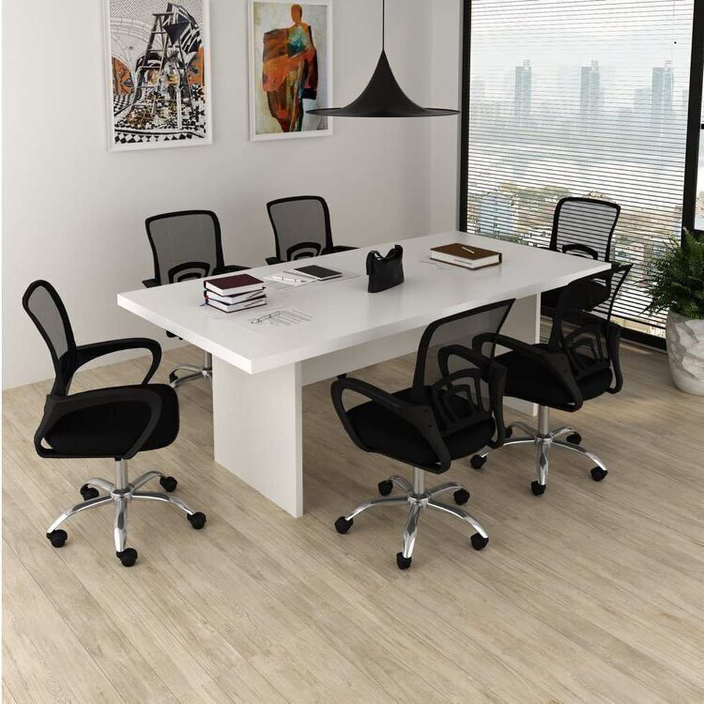 Kit 7 Peças com Uma Mesa de Reunião e 6 Cadeiras de Escritório Tela Mesh Espresso Móveis Branco
