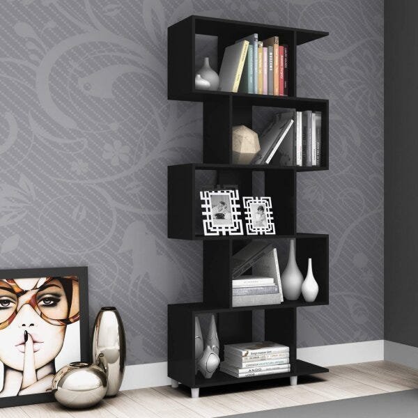 Estante de Livros Retrô 79CMX184CM Nichos ESM209 Preto Preto Acetinado