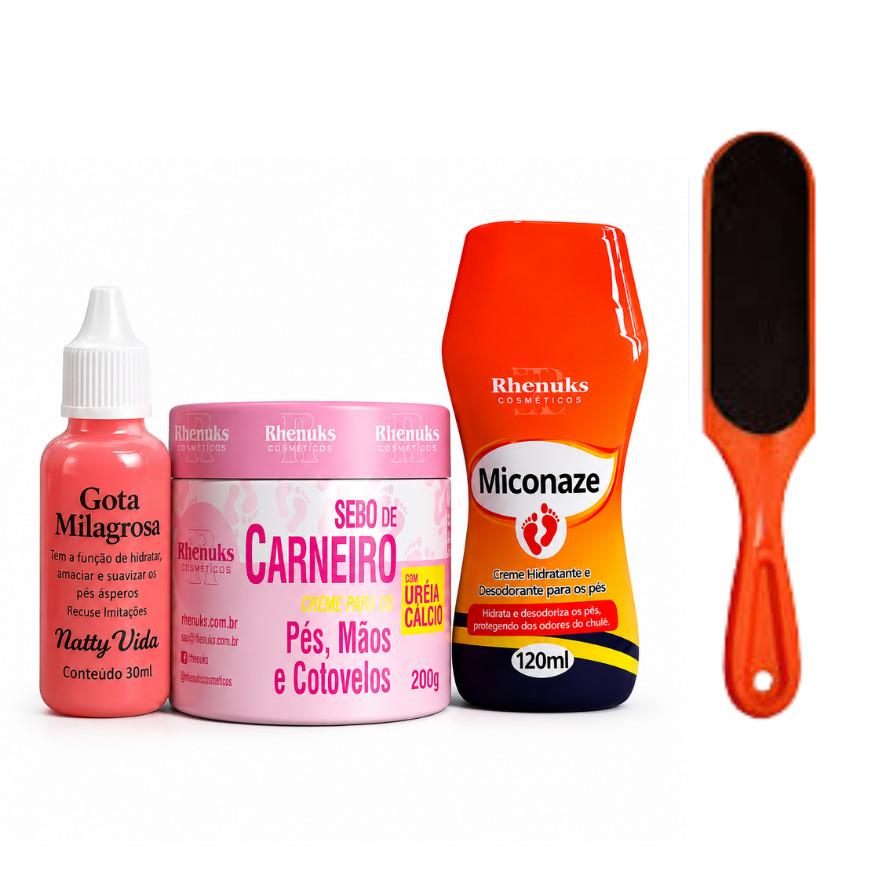 Kit Anti Rachadura, Gota Milagrosa + Sebo de Carneiro + Creme Miconaze + Lixa de Pé