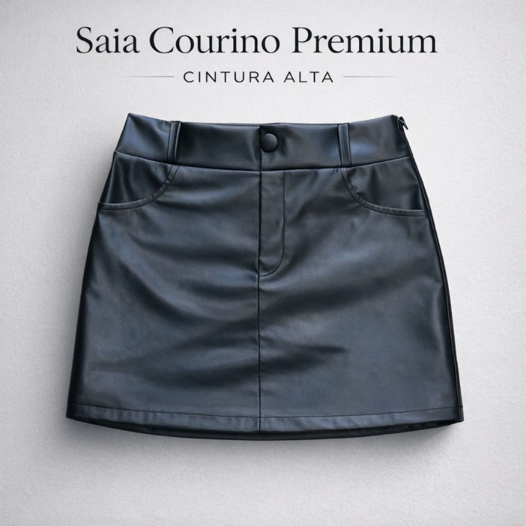 Saia Feminina Couro fake Cintura Alta Com Botão Moda Elegante (P M G GG)