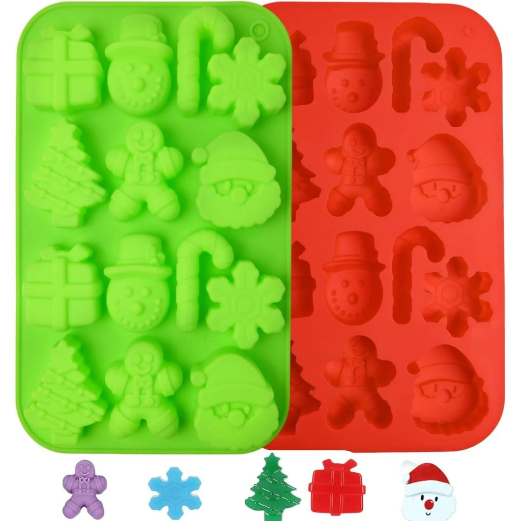 Conjunto de 2 Moldes de Silicone de Natal, Moldes em Forma de Floco de Neve 3D, Cana-de-Açúcar, Boneco de Neve, Árvore d