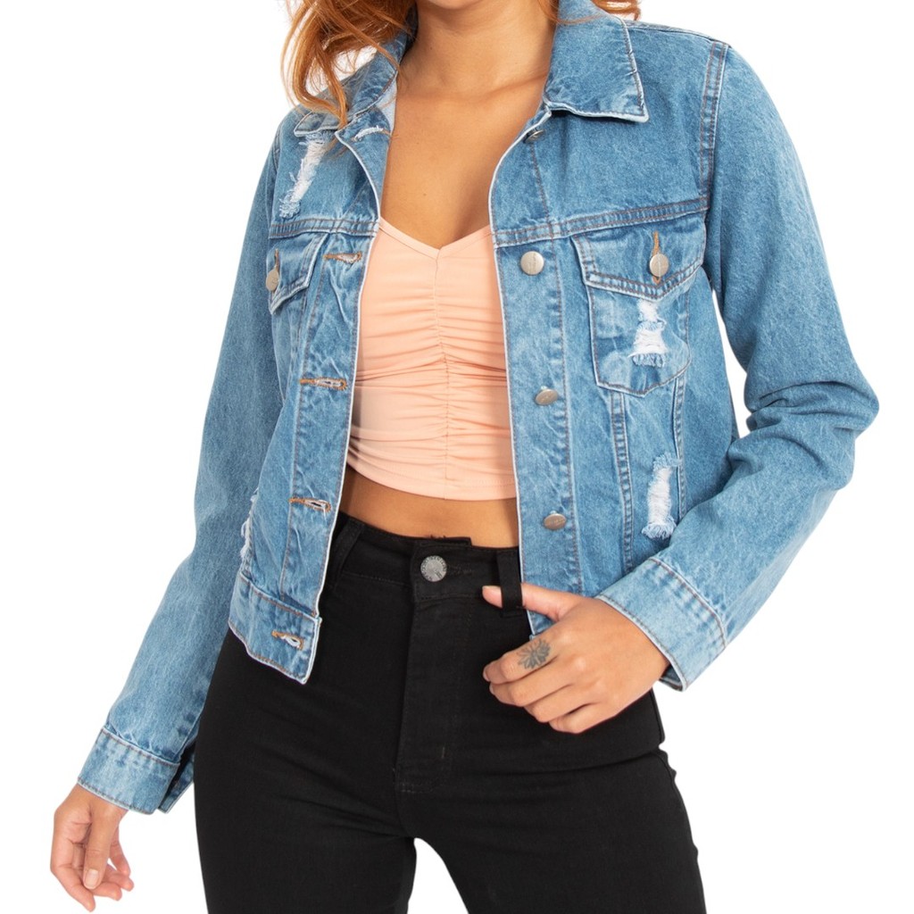 Jaqueta Jeans Média Destroyed Azul Lady Rock JQ49088