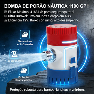Bomba de Porão 1100 GPH 12V Náutica para Barcos, Lanchas e Veleiros - Submersa em ABS com Eixo Inox