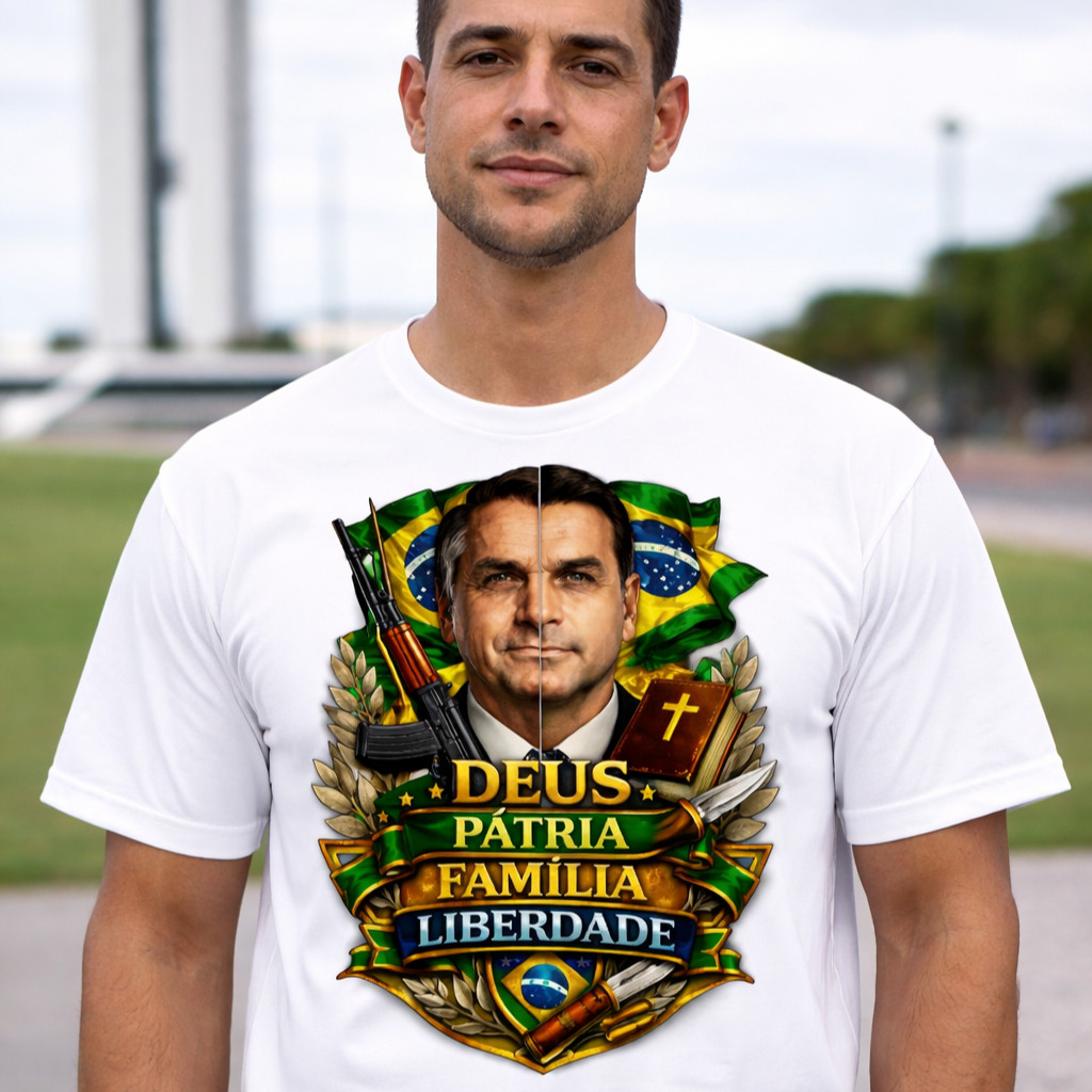 Camisa Patriota Deus Pátria Familia Liberdade Flávio Bolsonaro Apoiadores Direito Camiseta Feminina e Masculina Brasil