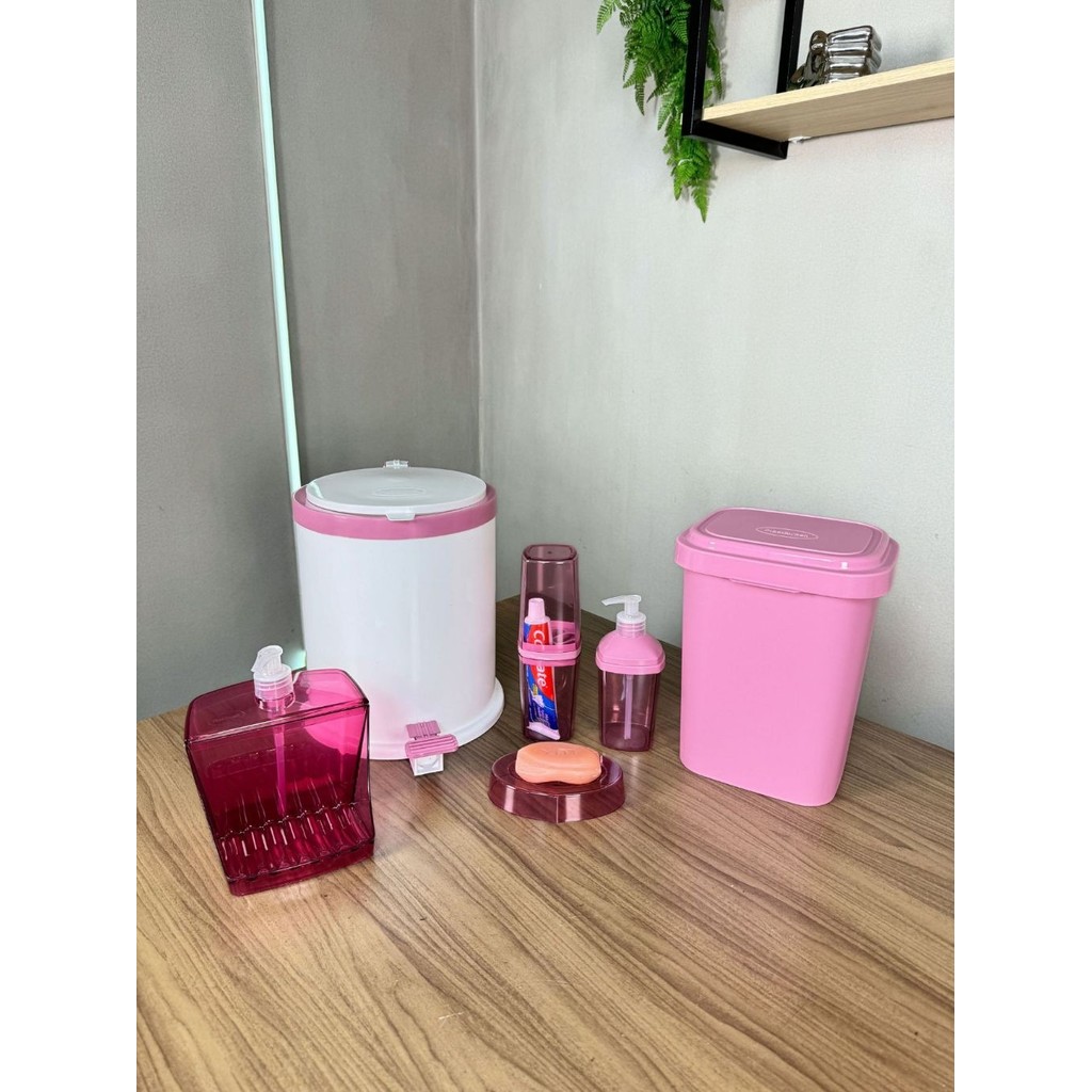 Kit Banheiro Completo: Lixeira 4.5L + Lixeira com Pedal 8L + Dispenser Porta Detergente + Conjunto para Banheiro