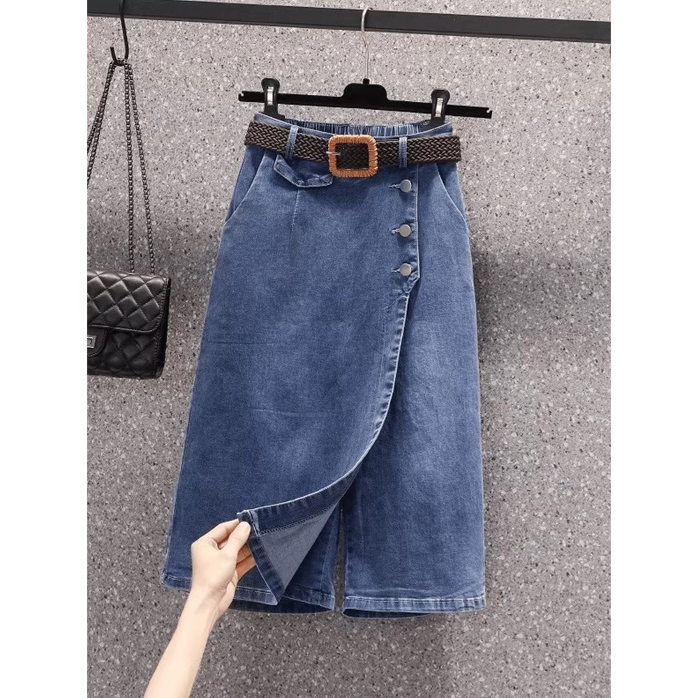 Saia jeans meio comprimento Culottes calças cortadas femininas 2026 verão novo estilo Hakama cintura alta solta comprime