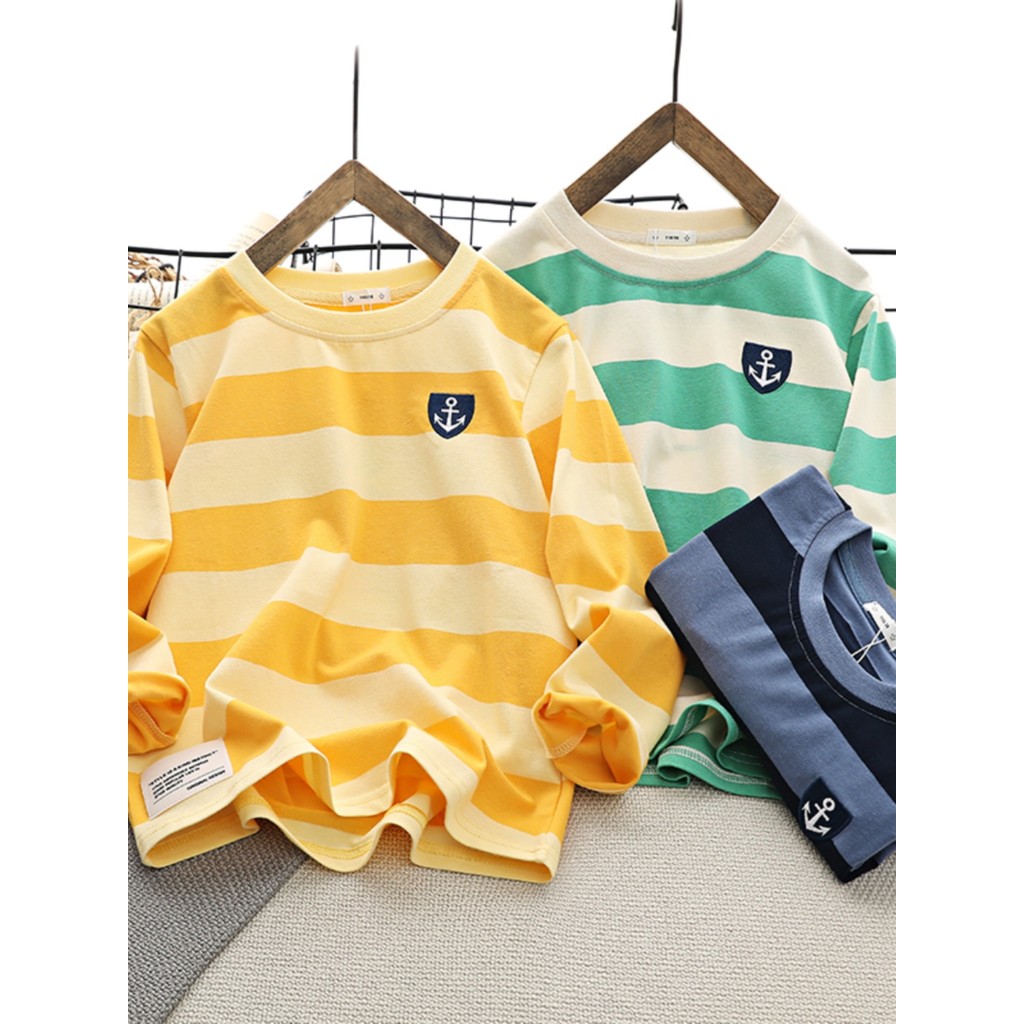 Meninos largo listrado manga comprida camiseta puro algodão 2025 novo estilo roupas de primavera médio grande crianças p
