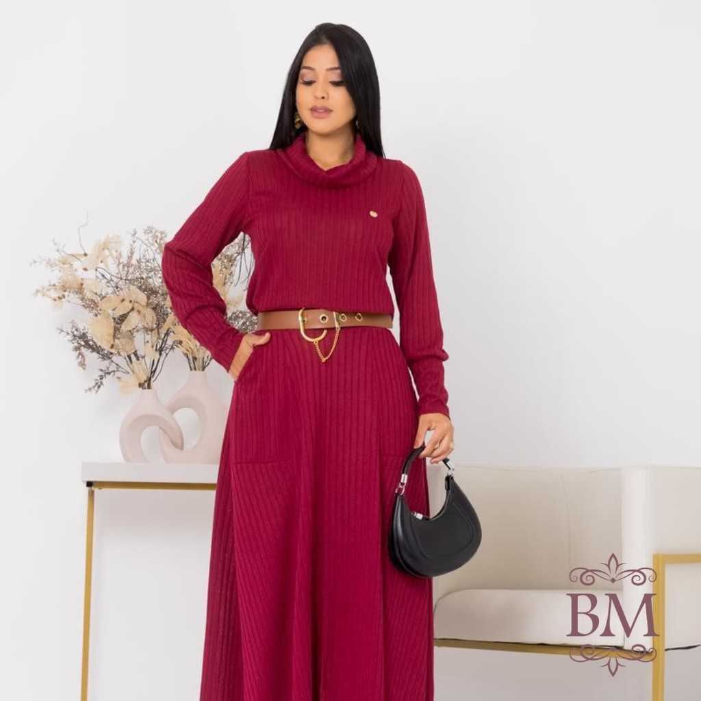 Conjunto Malha Canelada, Tricozinho, Vermelho, Saia Godê, Bolsos, Elástico Cintura, Gola Rolê, Forro, Feminine  BM1293M