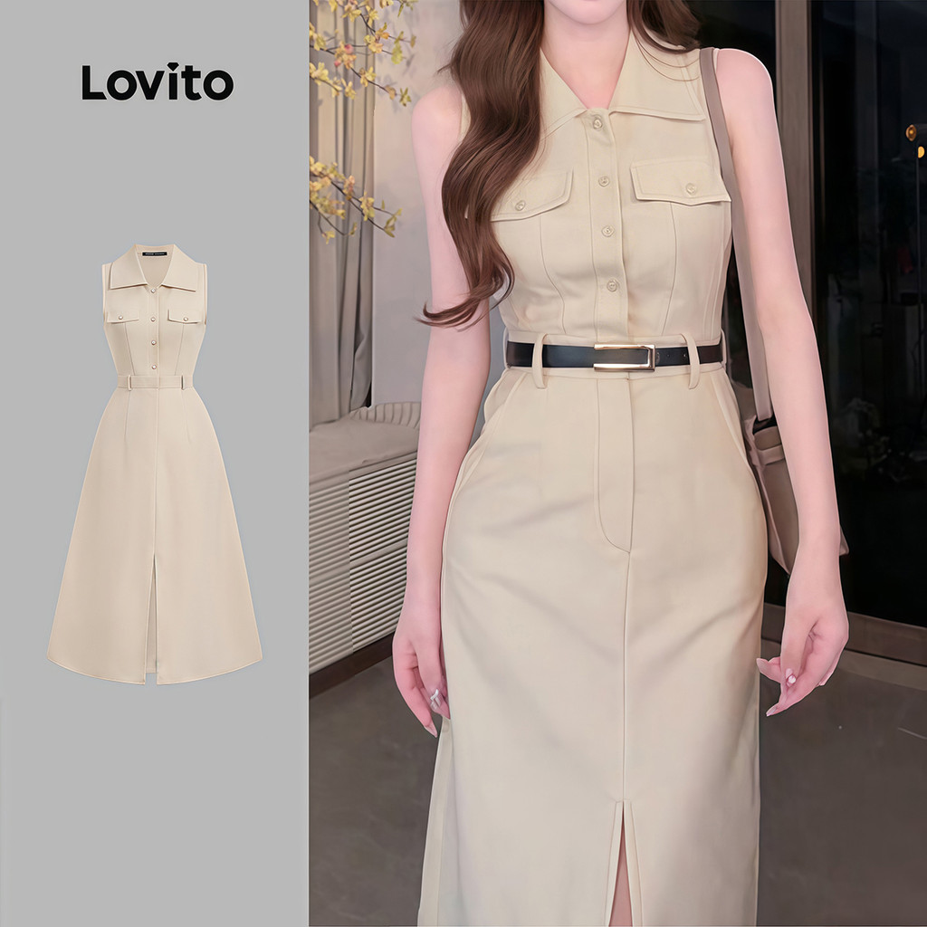 Lovito Elegante Vestido com Bolso Falso Confortável e Estiloso Leve Na Cor Cáqui