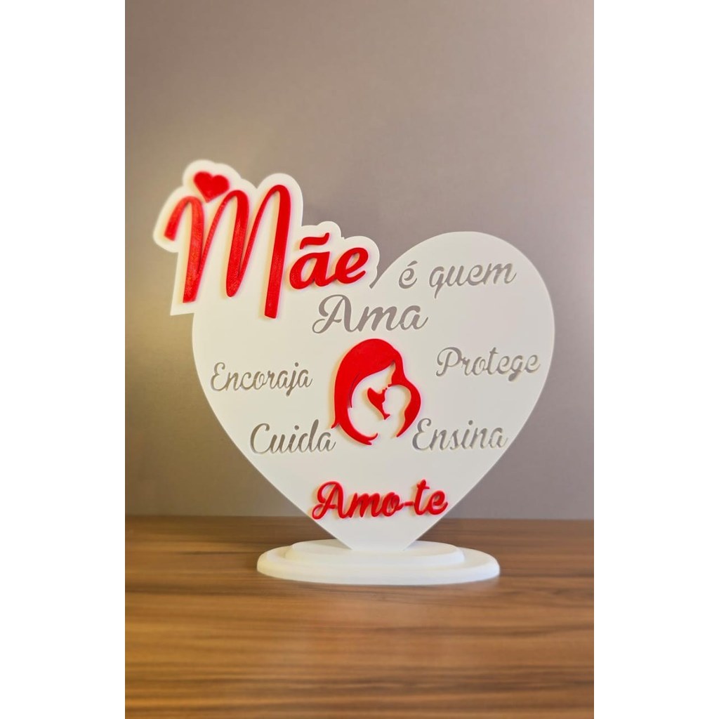 Escultura Decorativa Coração Mãe Amor Carinho Presente Dia das Mães Estatueta 3D Mesa