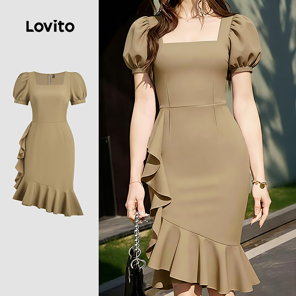 Lovito Elegante Vestido Assimétrico com Babado e Zíper Cor Caqui Primavera/verão para mulheres LK4ED720