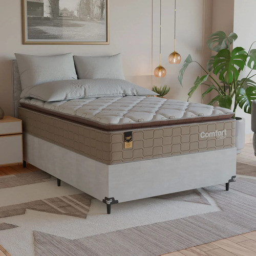 Cama Box Viúva + Colchão Comfort Class Pillow Top 128x188 Bege/suede Branco