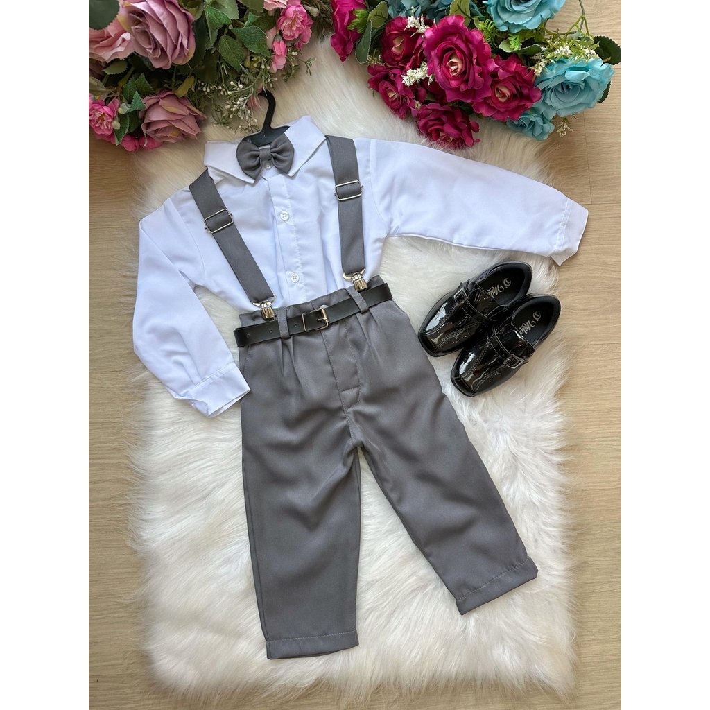Conjunto Refinado Meninos Miss Cherry Leo Suspensorio Cinza