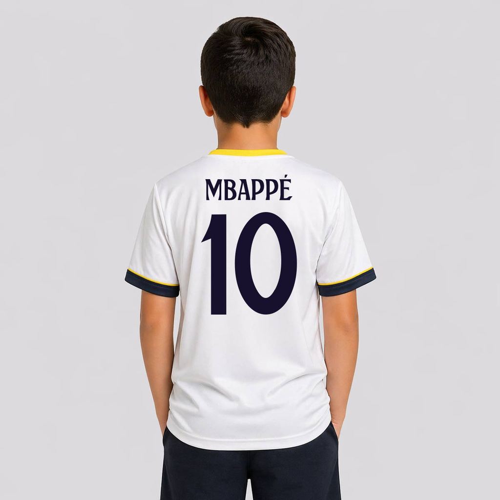 Camisa Real Madrid Coroa Infantil Branca 10 Mbappé