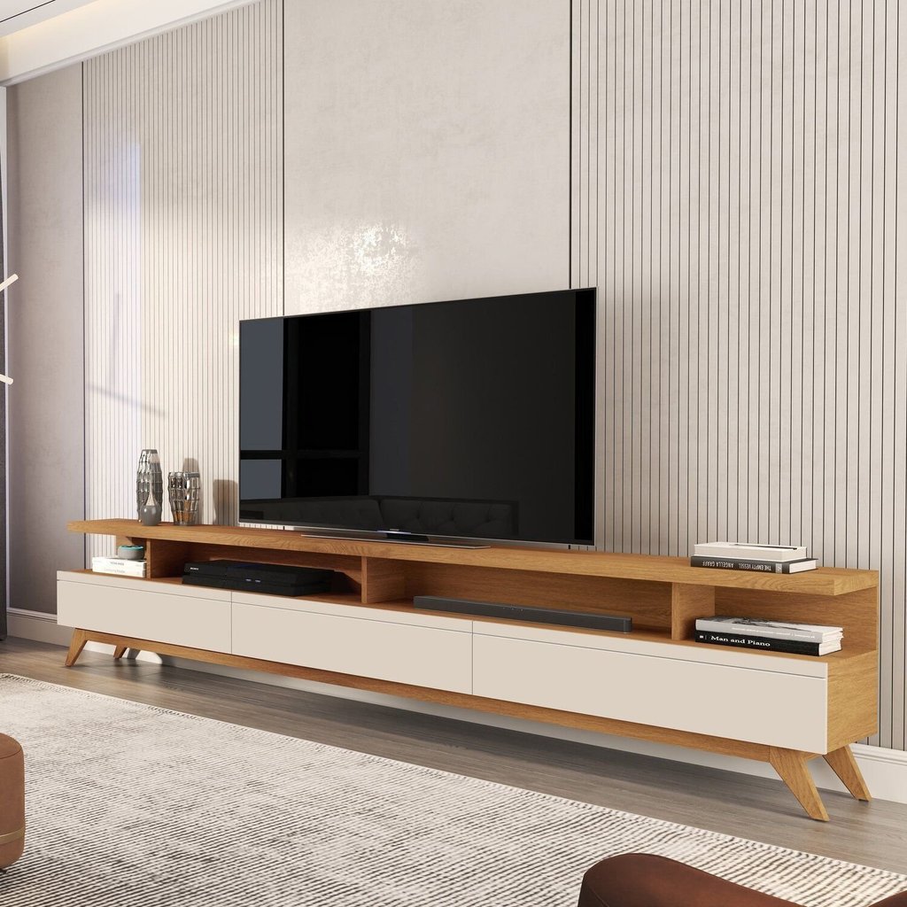 Rack para TV até 86 Polegadas MDF 217cm Pés em Madeira Maciça Vivare Wood 2.2 com 3 Gavetas e Branco Off White/Nature