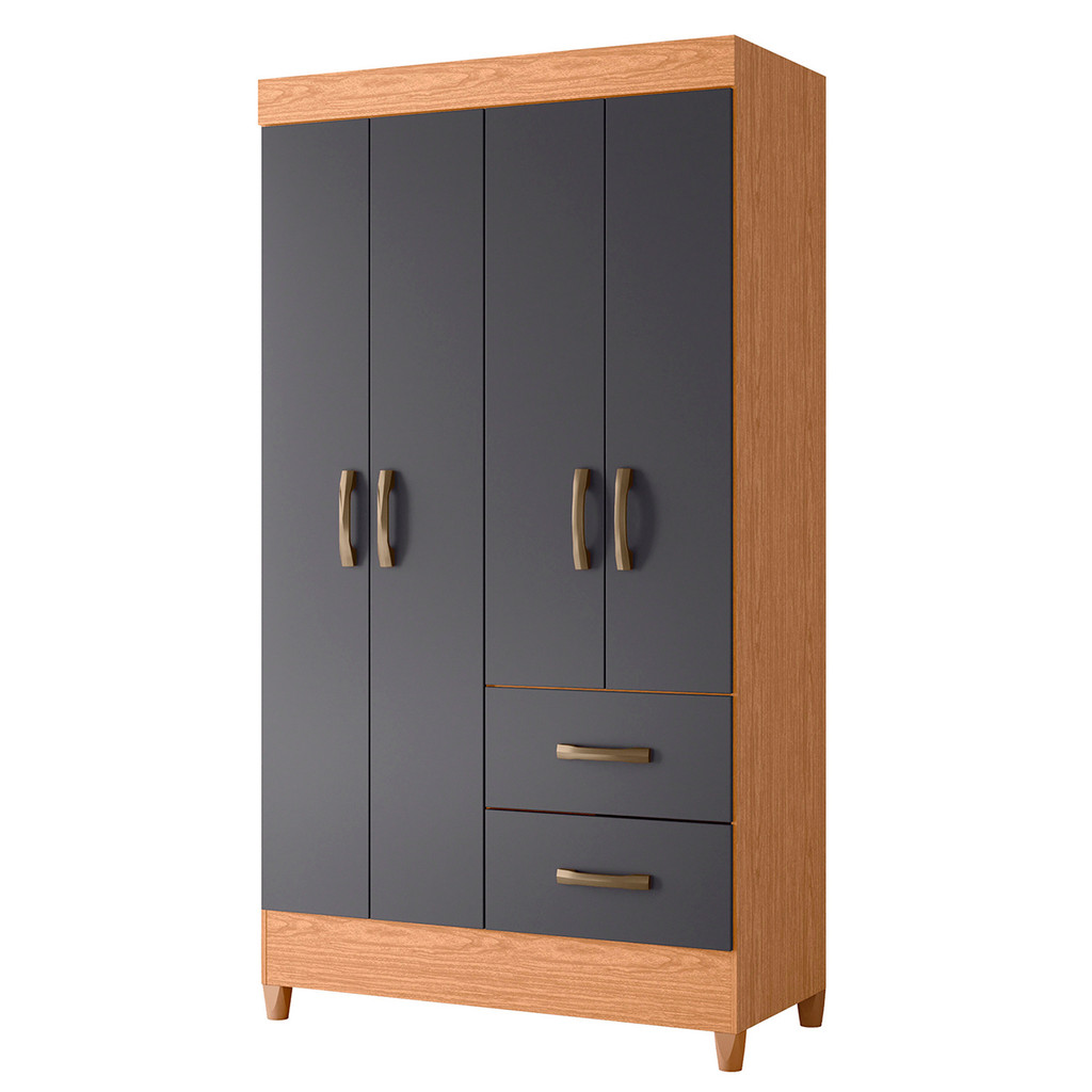 Guarda Roupa Mobi Moderno para Quarto 4 Portas 2 Gavetas Pés Madeira Freijo com Titanium - Albatroz