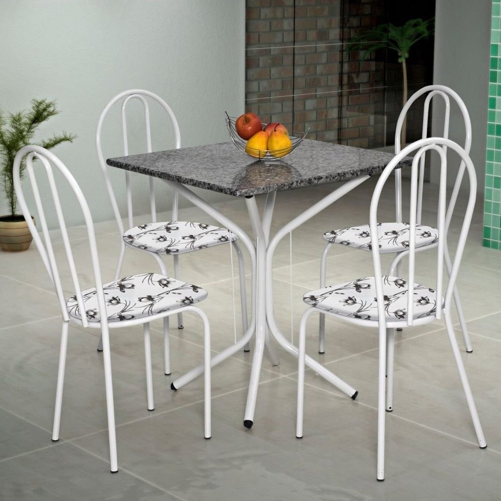 Conjunto Sala de Jantar Mesa Tampo de Granito Quadrada com 4 Cadeiras Thais Branco/Flor Branco/Branco Flor