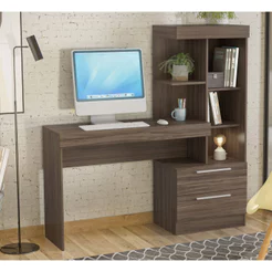 Mesa Escrivaninha Estante Kokai Para Quarto Escritório Office Compacta Moderna Nogal - MoveisAqui