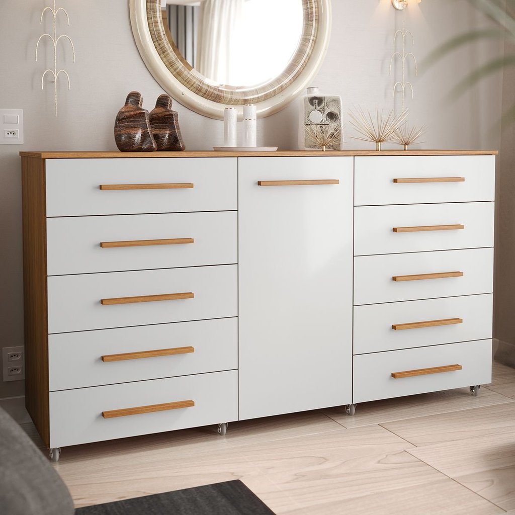 Cômoda para Quarto 10 Gavetas e 1 Porta Imperial Marrom/Freijó/Off White Freijó/Off White