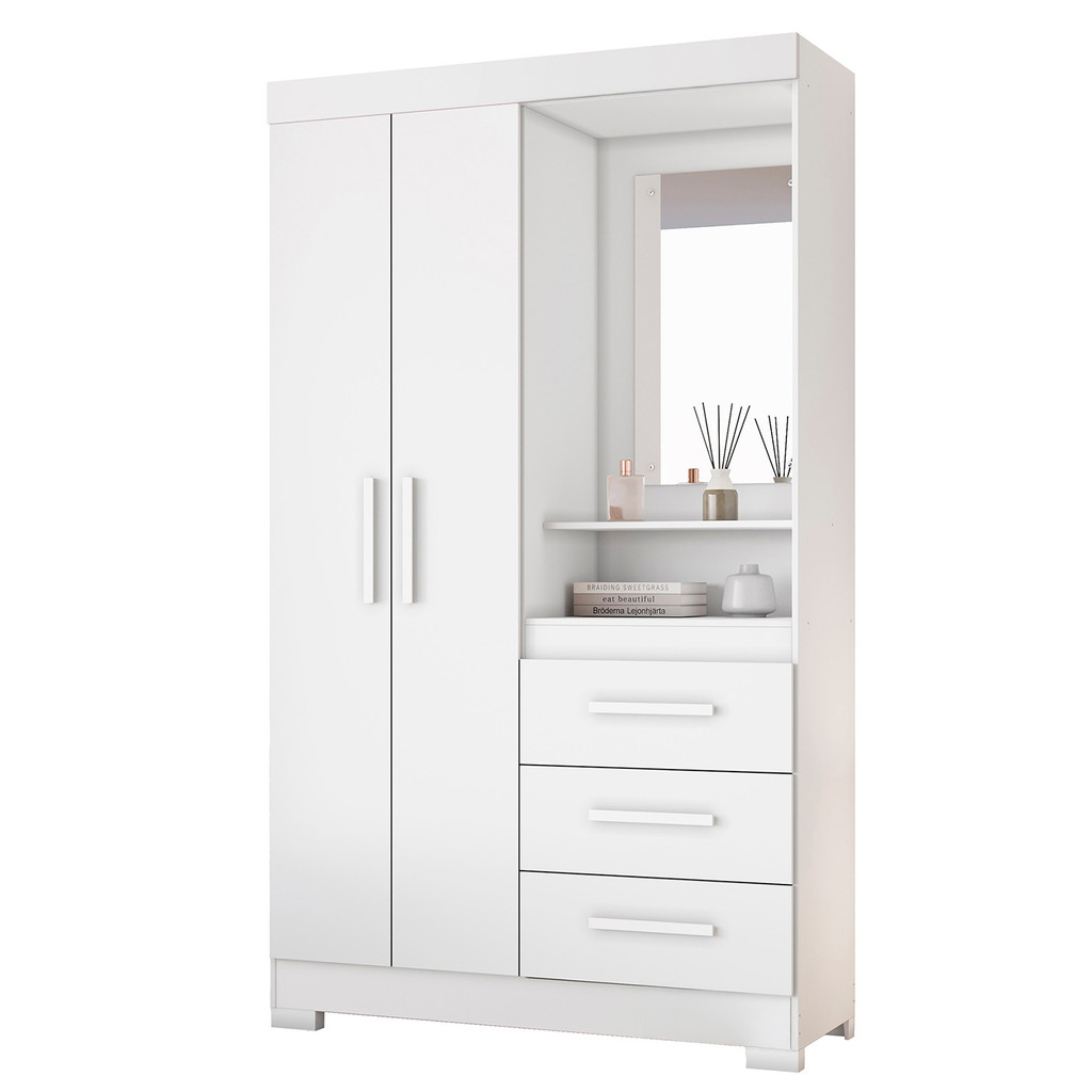 Guarda-Roupa Closet Roupeiro de Solteiro com Espelho 6020 2 Portas e 3 Gavetas Compacto Branco Com Rosa - Notavel