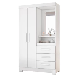 Guarda-Roupa Closet Roupeiro de Solteiro com Espelho 6020 2 Portas e 3 Gavetas Compacto Branco Com Rosa - Notavel
