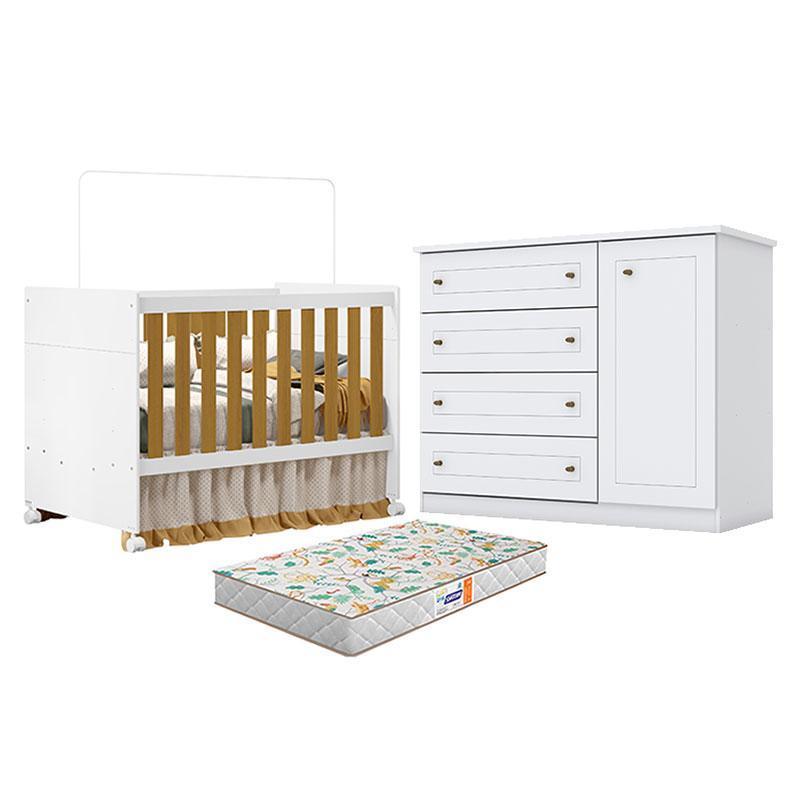 Berço Americano Katatau Branco Acetinado Savana – Reller e Cômoda Infantil Americano Branco HP e Colchão Gazin - Henn
